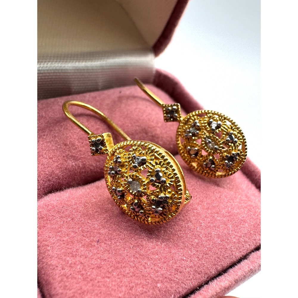 FAS 925 Gold Over Sterling Silver Oval Filigree Drop Earrings Vintage Style